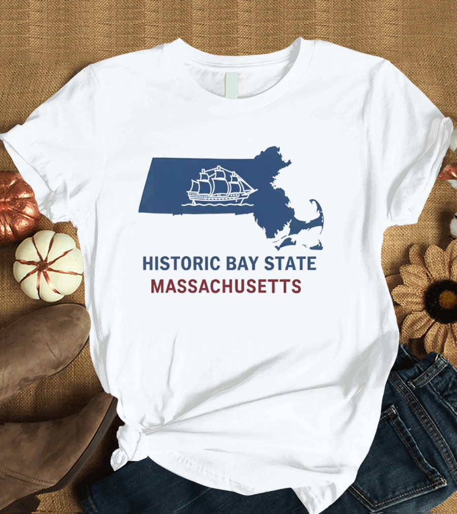 Historic Bay State Massachusetts Map With Sailing Ship T-Shirt