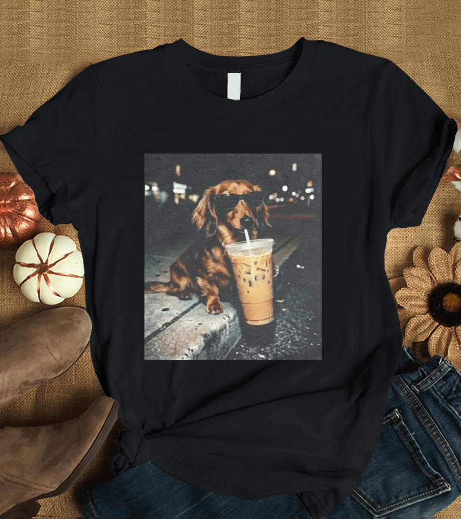 Dachshund Enjoying Iced Coffee With Sunglasses T-Shirt