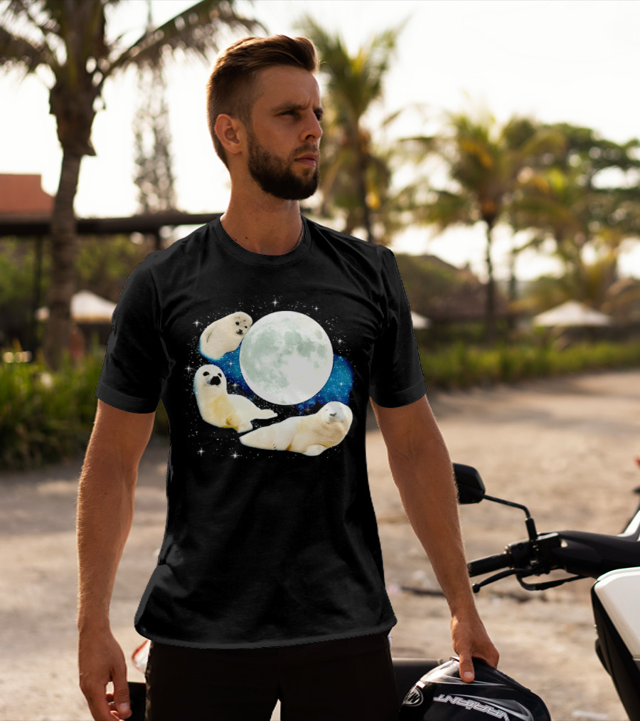 Adorable Seals Playfully Resting Under A Radiant Full Moonlit Sky With Cosmic Backdrop T-Shirt