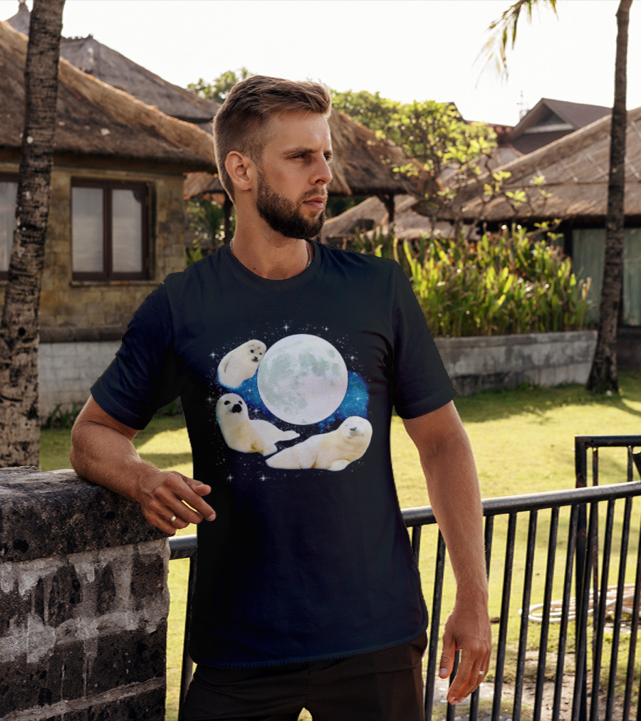 Adorable Seals Playfully Resting Under A Radiant Full Moonlit Sky With Cosmic Backdrop T-Shirt