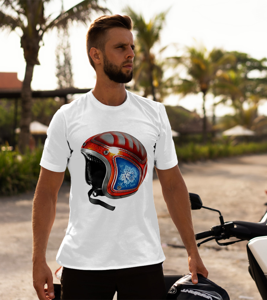 Blue Bloom Racer Helmet Red White Stripes Floral Blossom T-Shirt