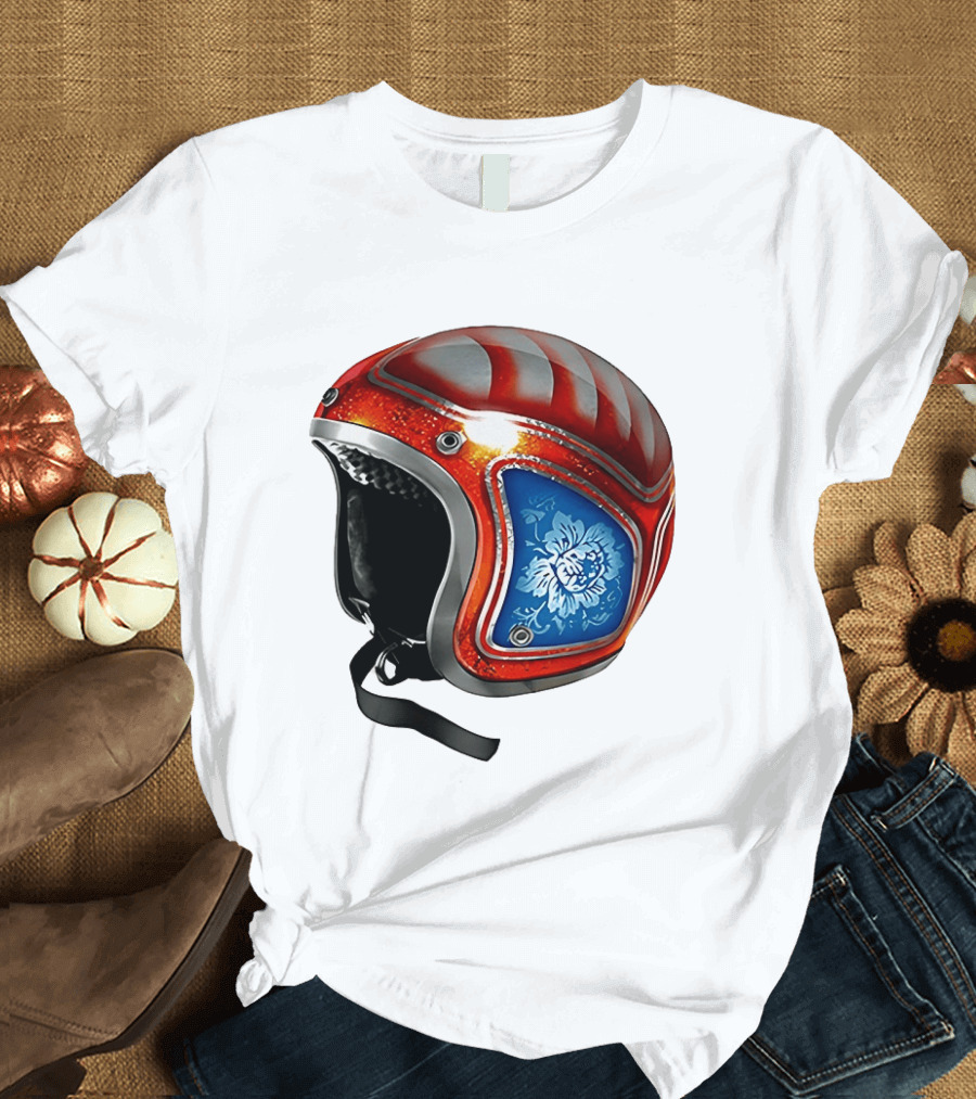 Blue Bloom Racer Helmet Red White Stripes Floral Blossom T-Shirt