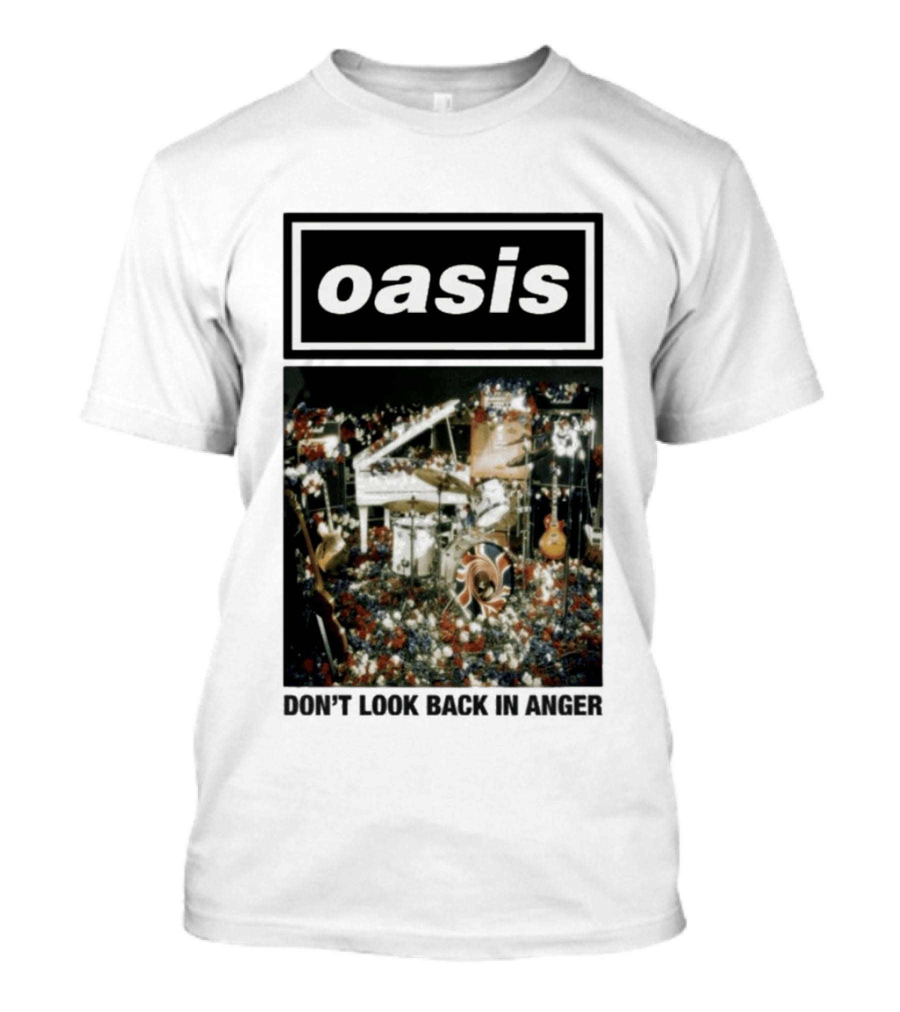 Oasis Don't Look Back In Anger Iconic Music Stage Setup With Instruments And Floral Décor T-Shirt