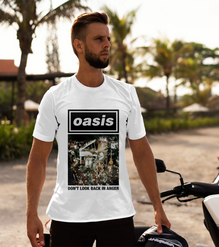Oasis Don't Look Back In Anger Iconic Music Stage Setup With Instruments And Floral Décor T-Shirt