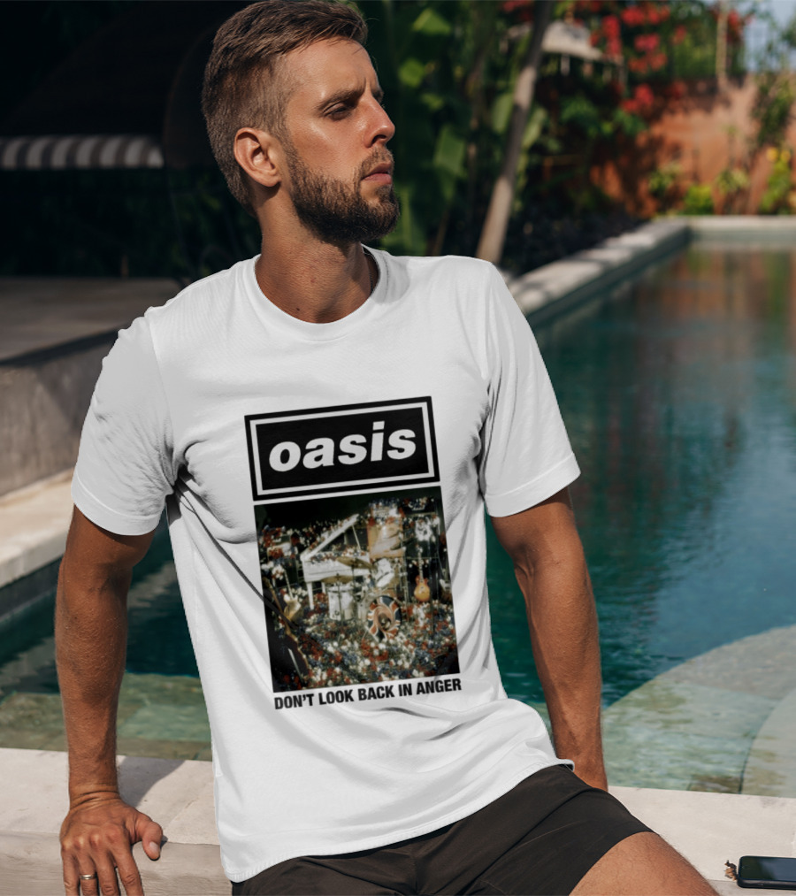 Oasis Don't Look Back In Anger Iconic Music Stage Setup With Instruments And Floral Décor T-Shirt