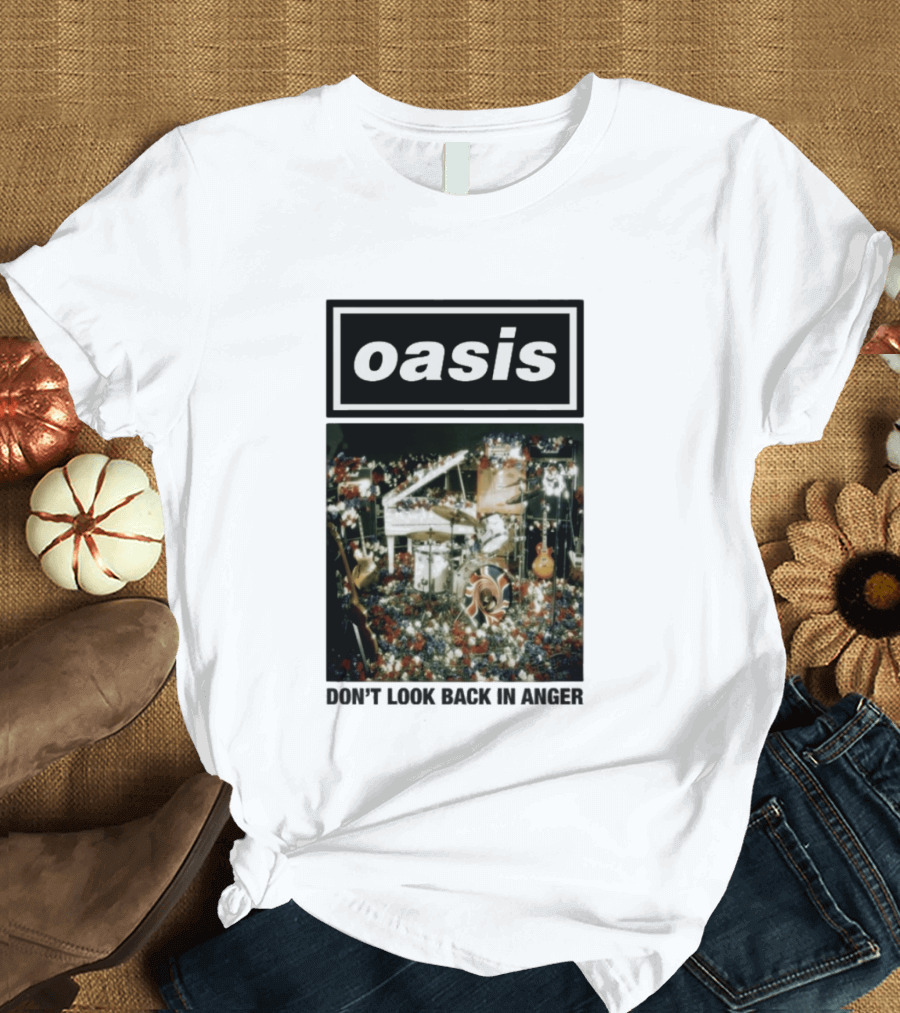 Oasis Don't Look Back In Anger Iconic Music Stage Setup With Instruments And Floral Décor T-Shirt