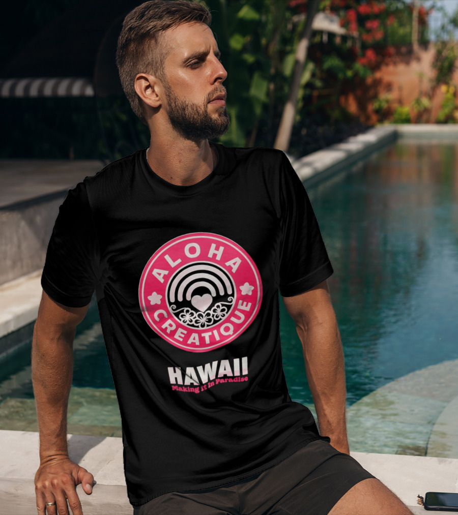 Aloha Creatique Hawaii Making It In Paradise Badge Rainbow Heartflowers T-Shirt