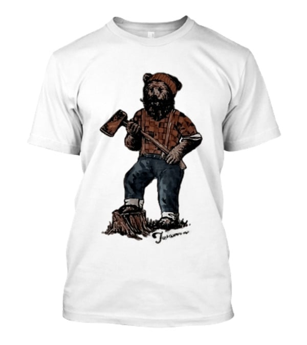 Lumberjack Bear Holding Axe Plaid Denim Jeans Beanie T-Shirt