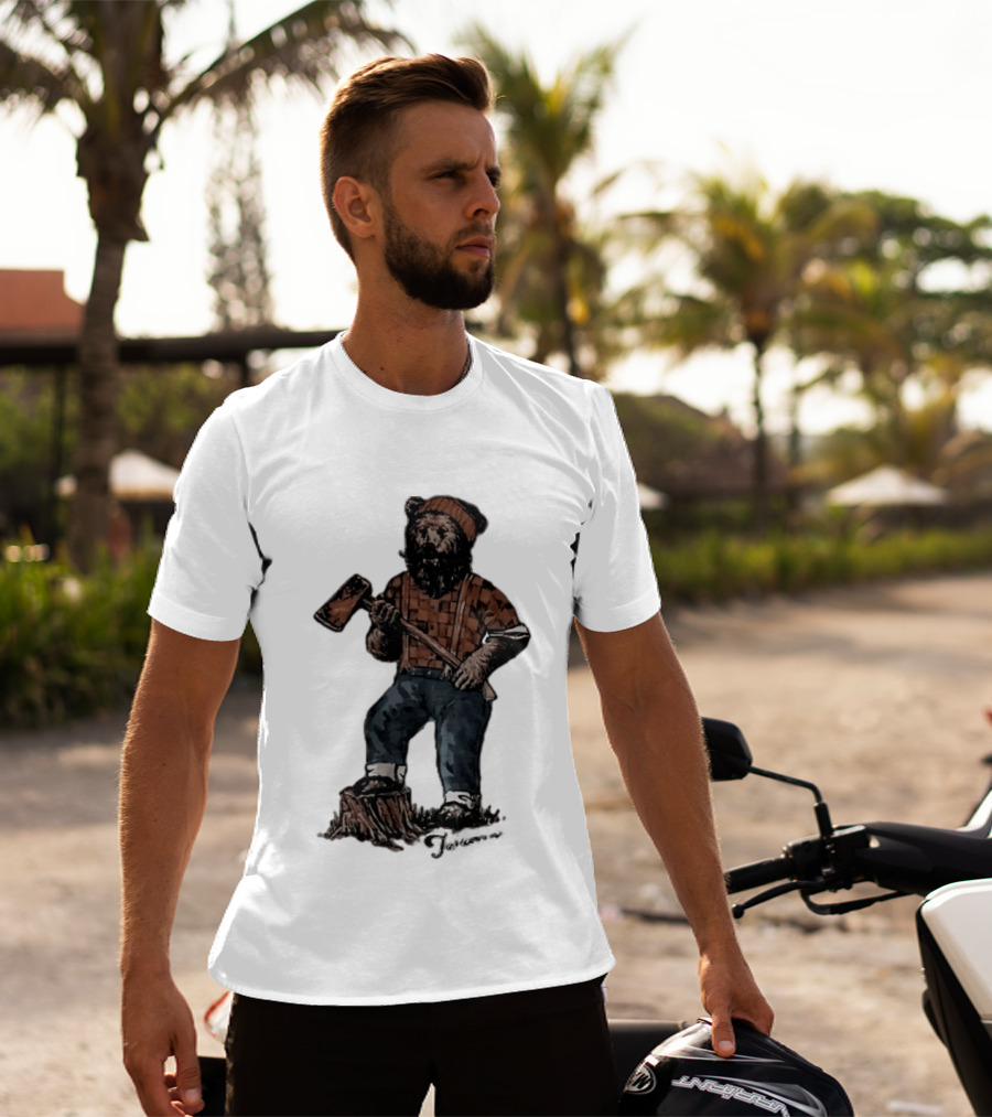 Lumberjack Bear Holding Axe Plaid Denim Jeans Beanie T-Shirt