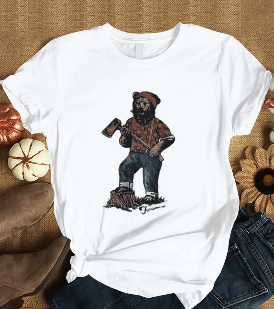 Lumberjack Bear Holding Axe Plaid Denim Jeans Beanie T-Shirt