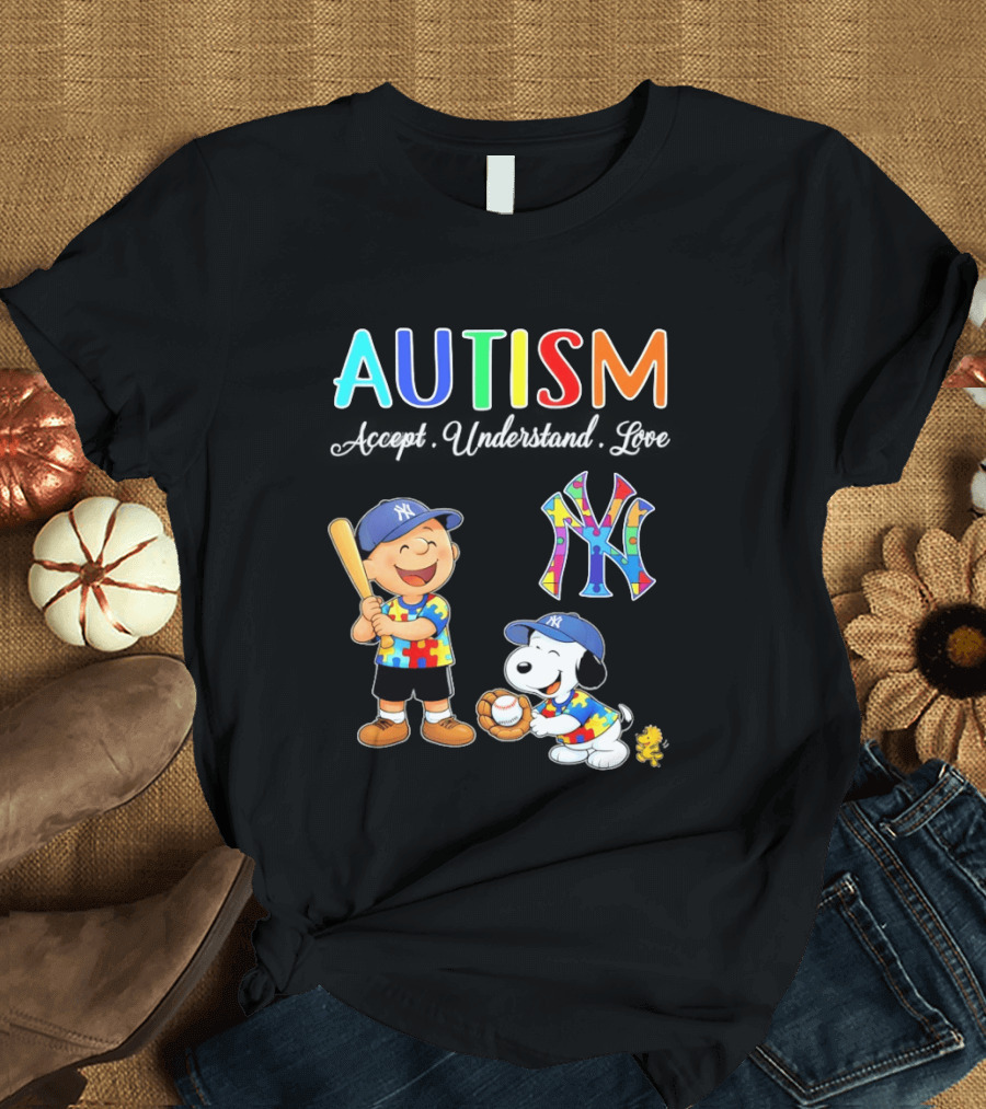 Charlie Brown Snoopy New York Yankees Autism Accept Understand Love T-Shirt