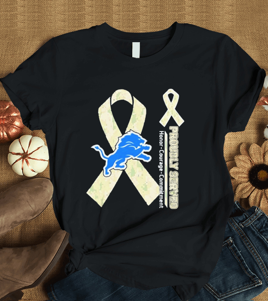Detroit Lions Camo Ribbon Proudly Served Honor Courage Commitment T-Shirt