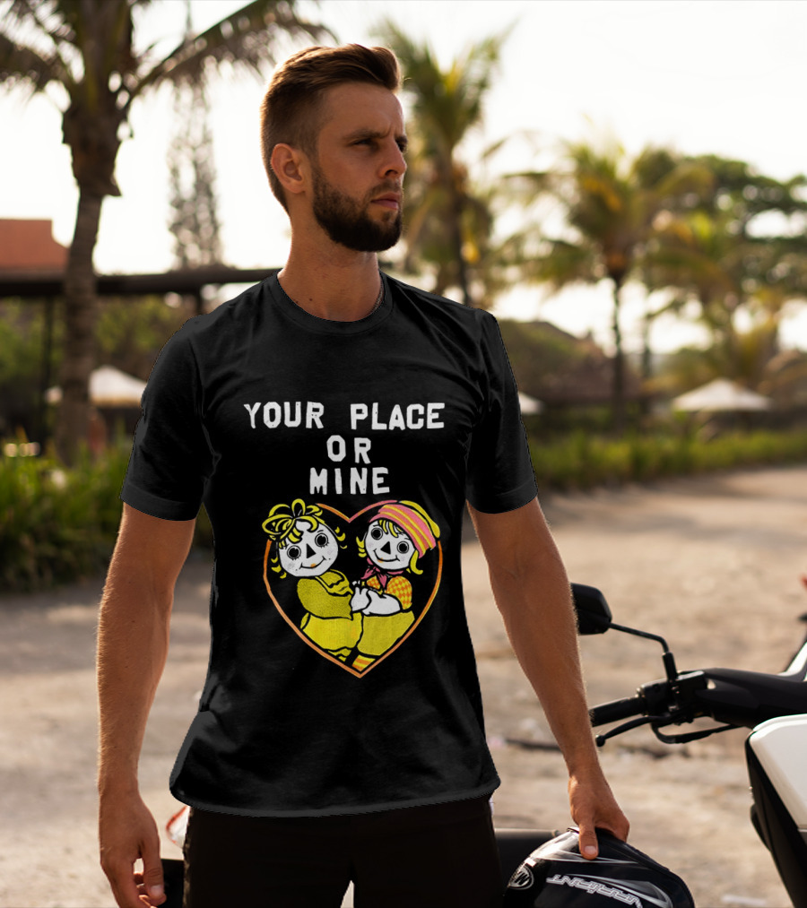 Your Place Or Mine Romantic Cartoon Couple In Heart T-Shirt