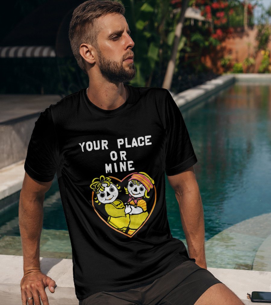 Your Place Or Mine Romantic Cartoon Couple In Heart T-Shirt