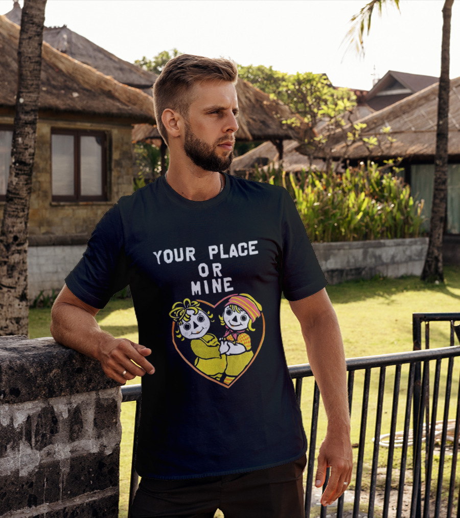 Your Place Or Mine Romantic Cartoon Couple In Heart T-Shirt