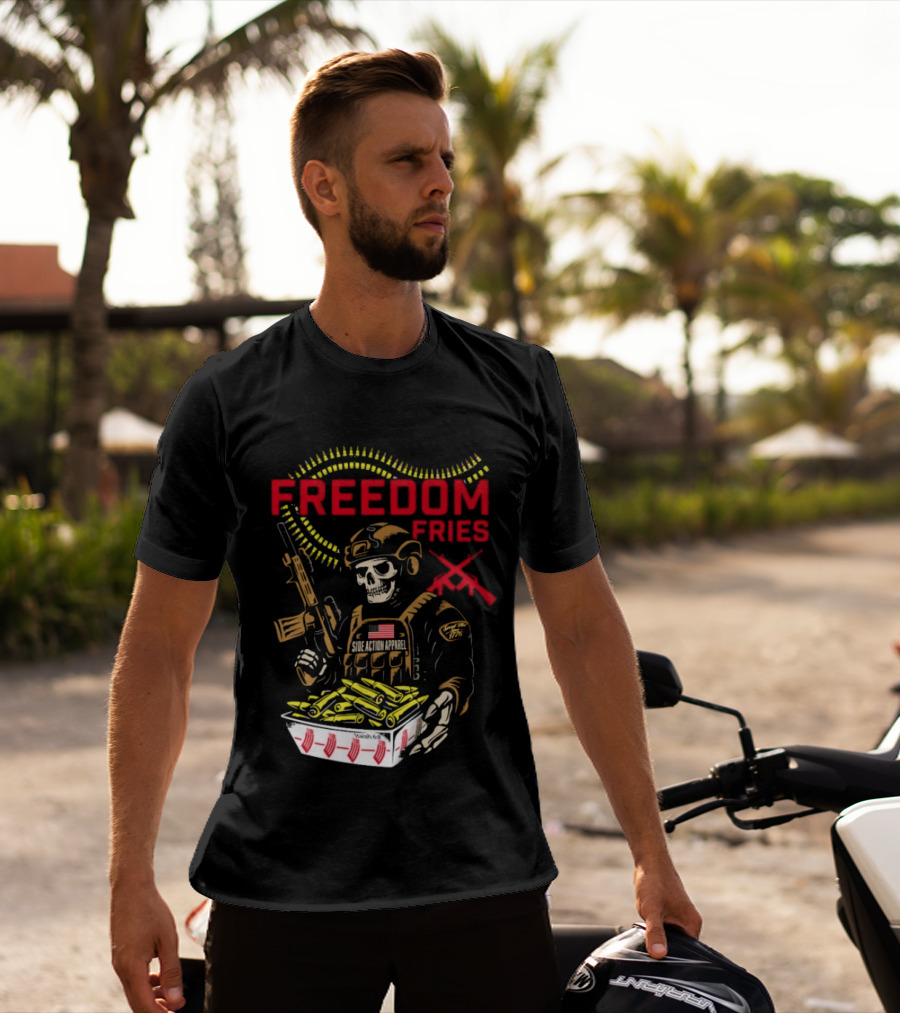 Freedom Fries Military Skeleton With USA Flag And Rifle T-Shirt