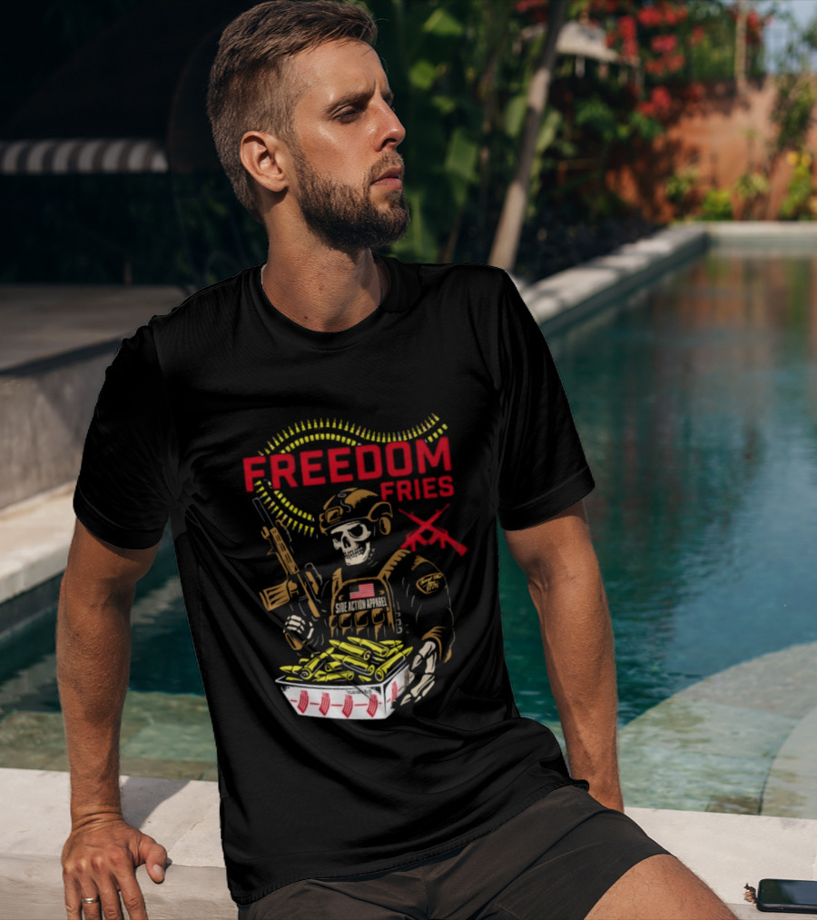 Freedom Fries Military Skeleton With USA Flag And Rifle T-Shirt