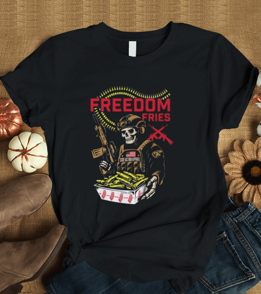 Freedom Fries Military Skeleton With USA Flag And Rifle T-Shirt