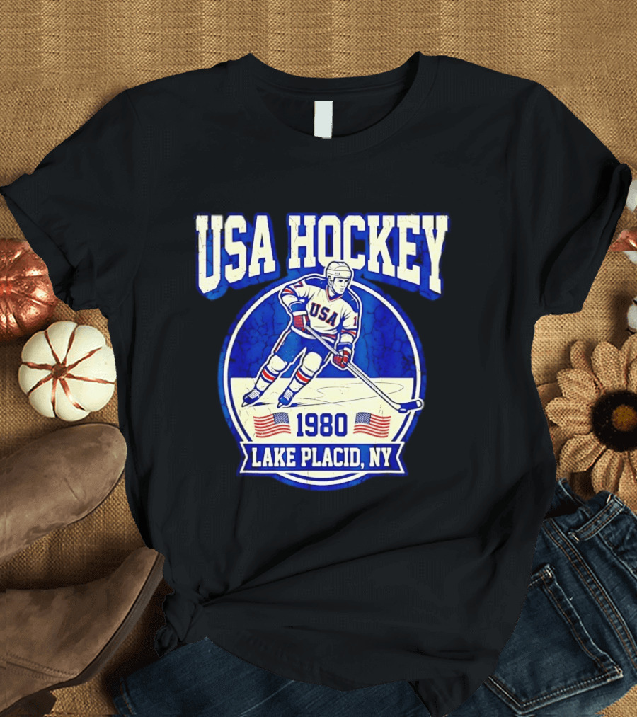 USA Hockey 1980 Lake Placid NY American Flag Ice Skater T-Shirt