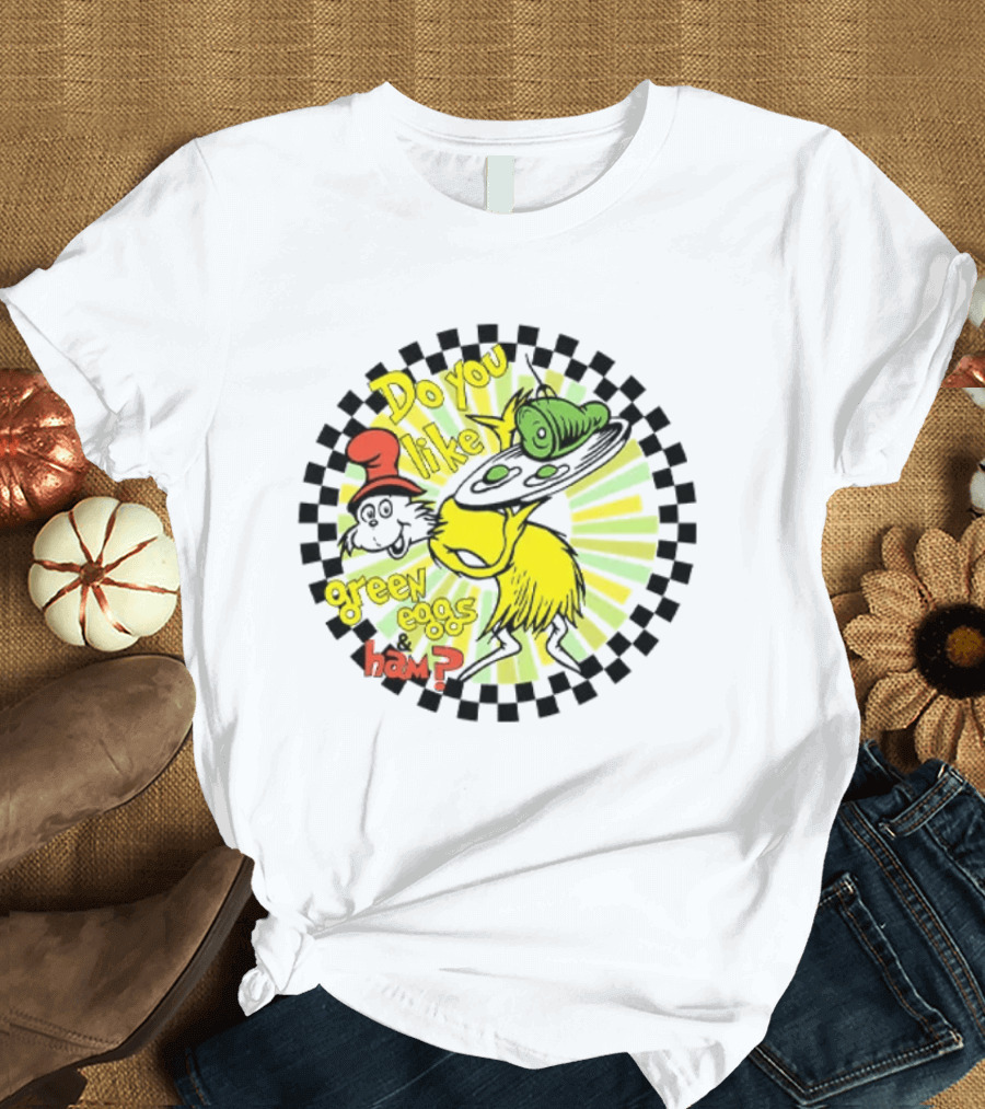 Dr Seuss Do You Like Green Eggs And Ham Yellow Character Red Hat Fan T-Shirt
