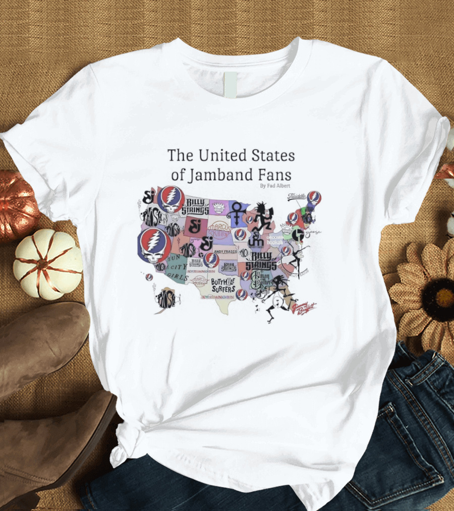 The United States Of Jamband Fans State Map Peeking Characters T-Shirt