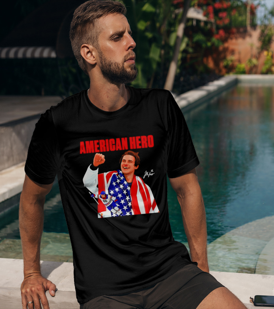 American Hero Jack Hughes USA Flag Hockey T-Shirt