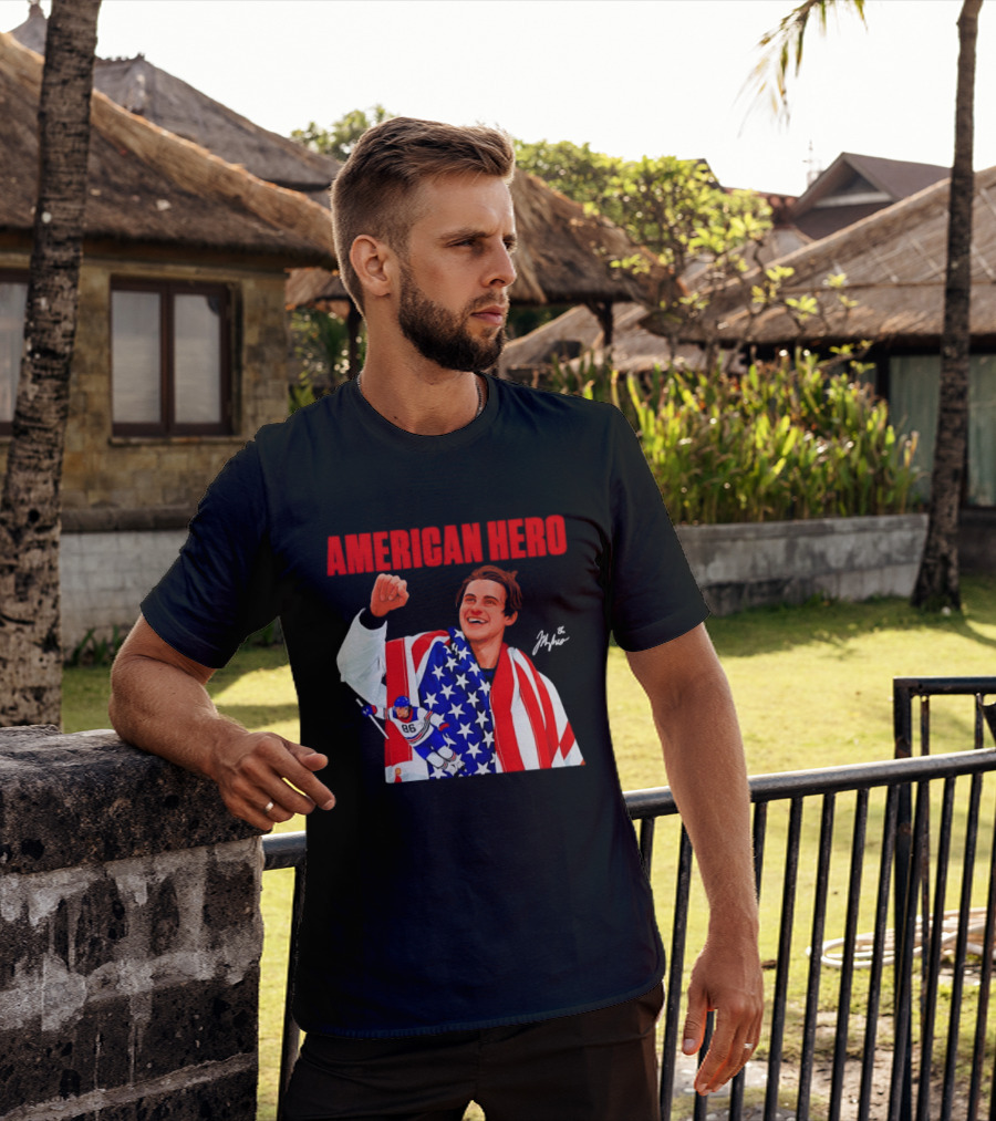 American Hero Jack Hughes USA Flag Hockey T-Shirt