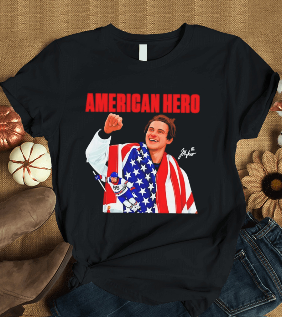 American Hero Jack Hughes USA Flag Hockey T-Shirt