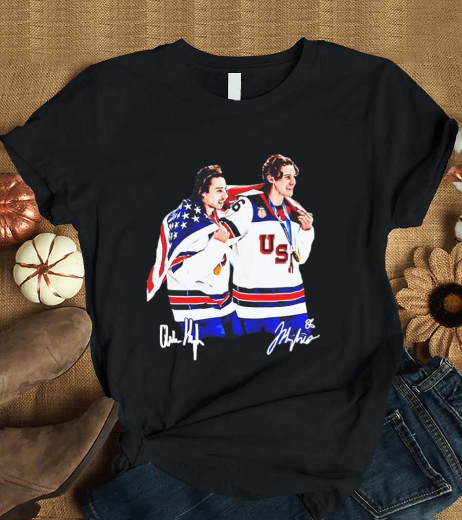 USA Hockey Golden Jack Hughes Jack Quinn American Flag Celebration T-Shirt