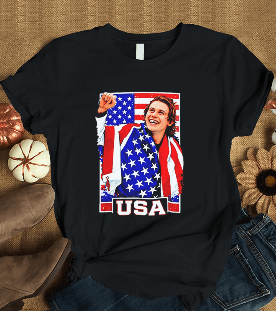 USA Flag Jack Hughes Olympic Hockey 2026 Golden Goal Celebration T-Shirt