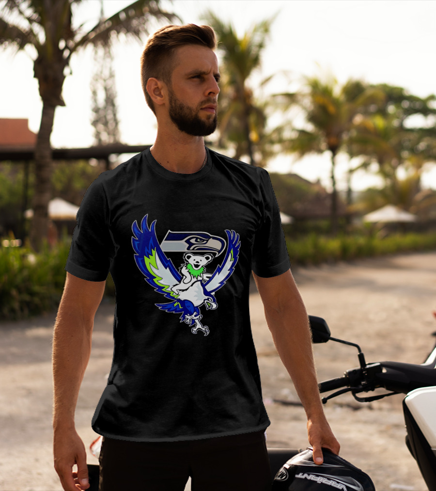 Seattle Seahawks Grateful Dead Bear Riding Seahawk Wings T-Shirt
