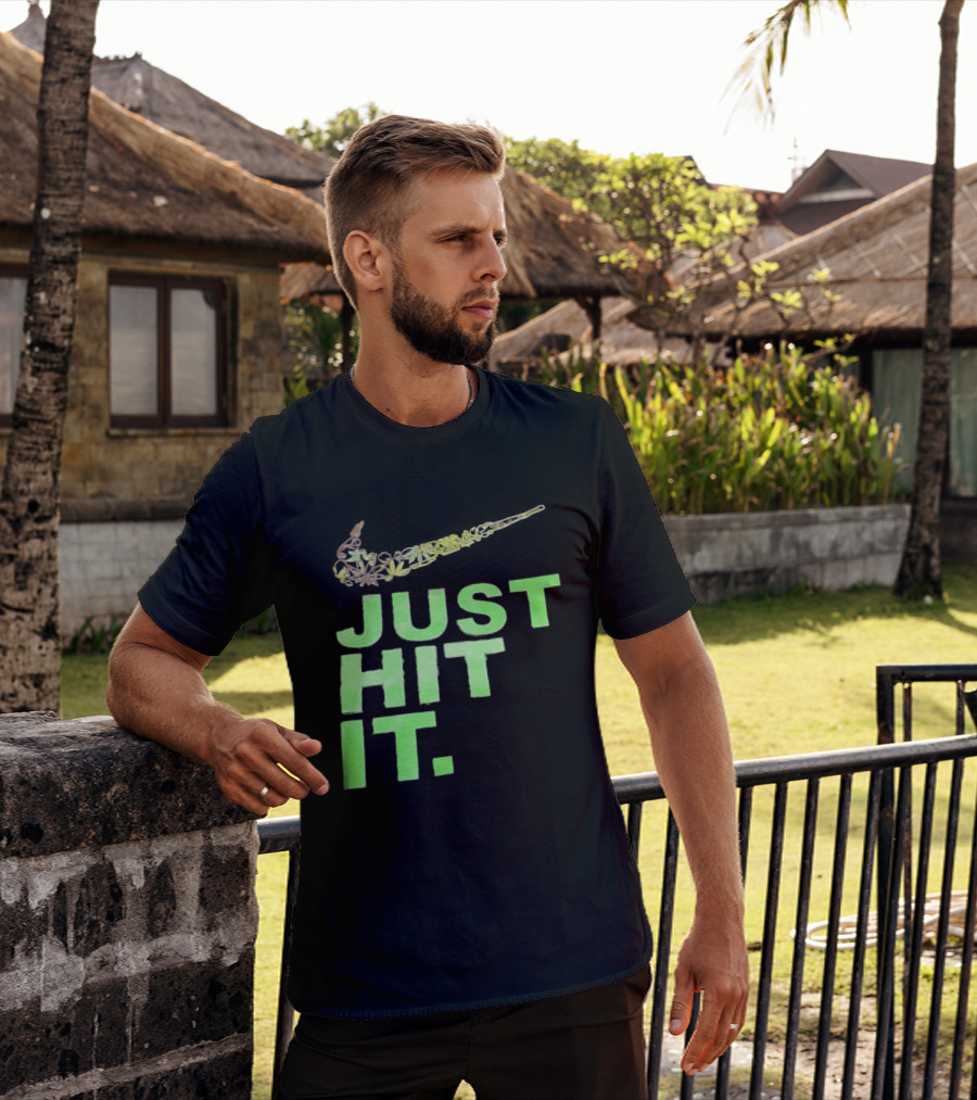Just Hit It Classic Swoosh Flaming Bat Baseball T-Shirt
