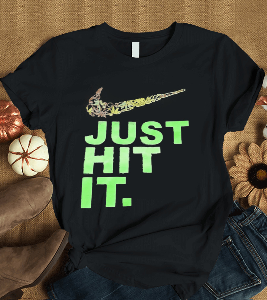 Just Hit It Classic Swoosh Flaming Bat Baseball T-Shirt
