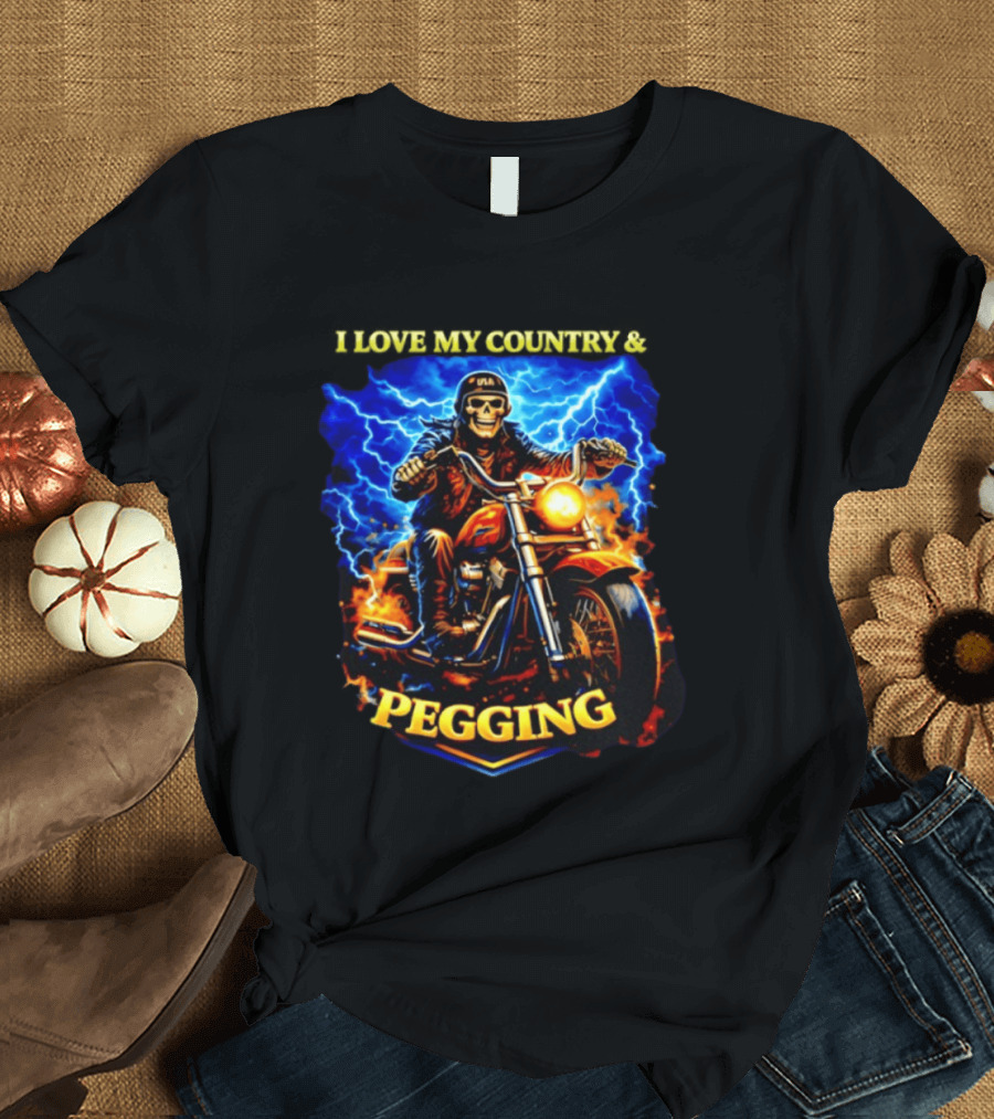 Skeleton USA Biker Riding Motorcycle I Love My Country Pegging T-Shirt
