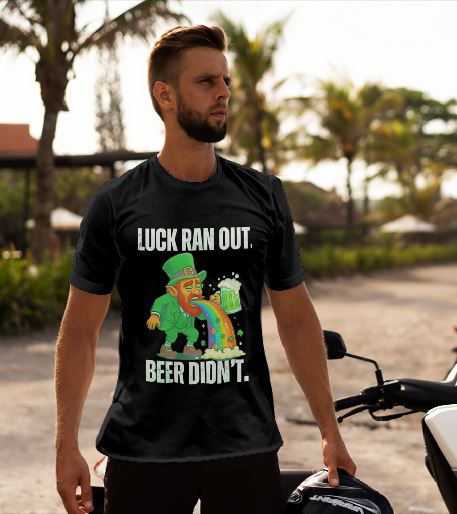 Leprechaun Drinking Beer Vomiting Rainbow Luck Ran Out St. Patrick's Day T-Shirt