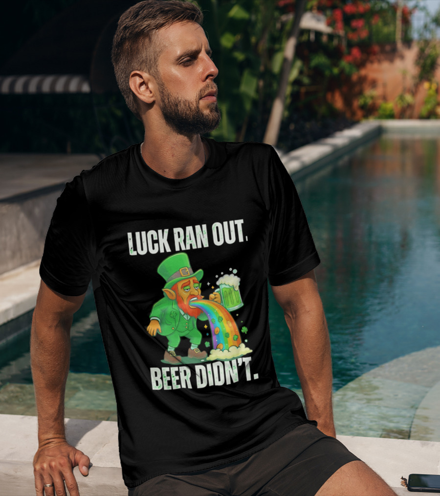 Leprechaun Drinking Beer Vomiting Rainbow Luck Ran Out St. Patrick's Day T-Shirt