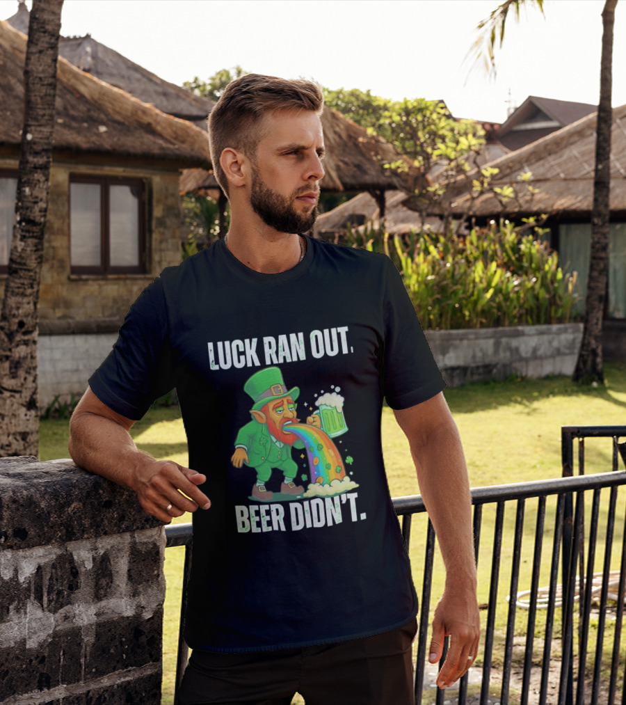 Leprechaun Drinking Beer Vomiting Rainbow Luck Ran Out St. Patrick's Day T-Shirt