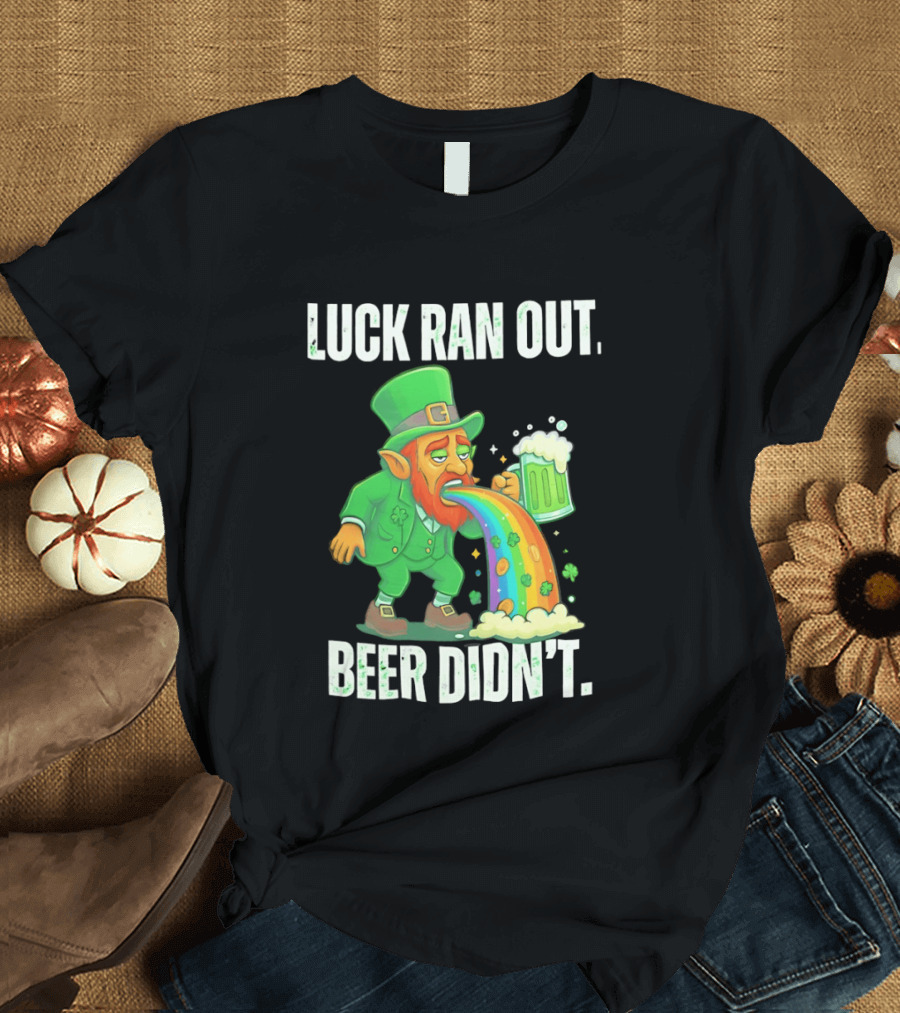 Leprechaun Drinking Beer Vomiting Rainbow Luck Ran Out St. Patrick's Day T-Shirt