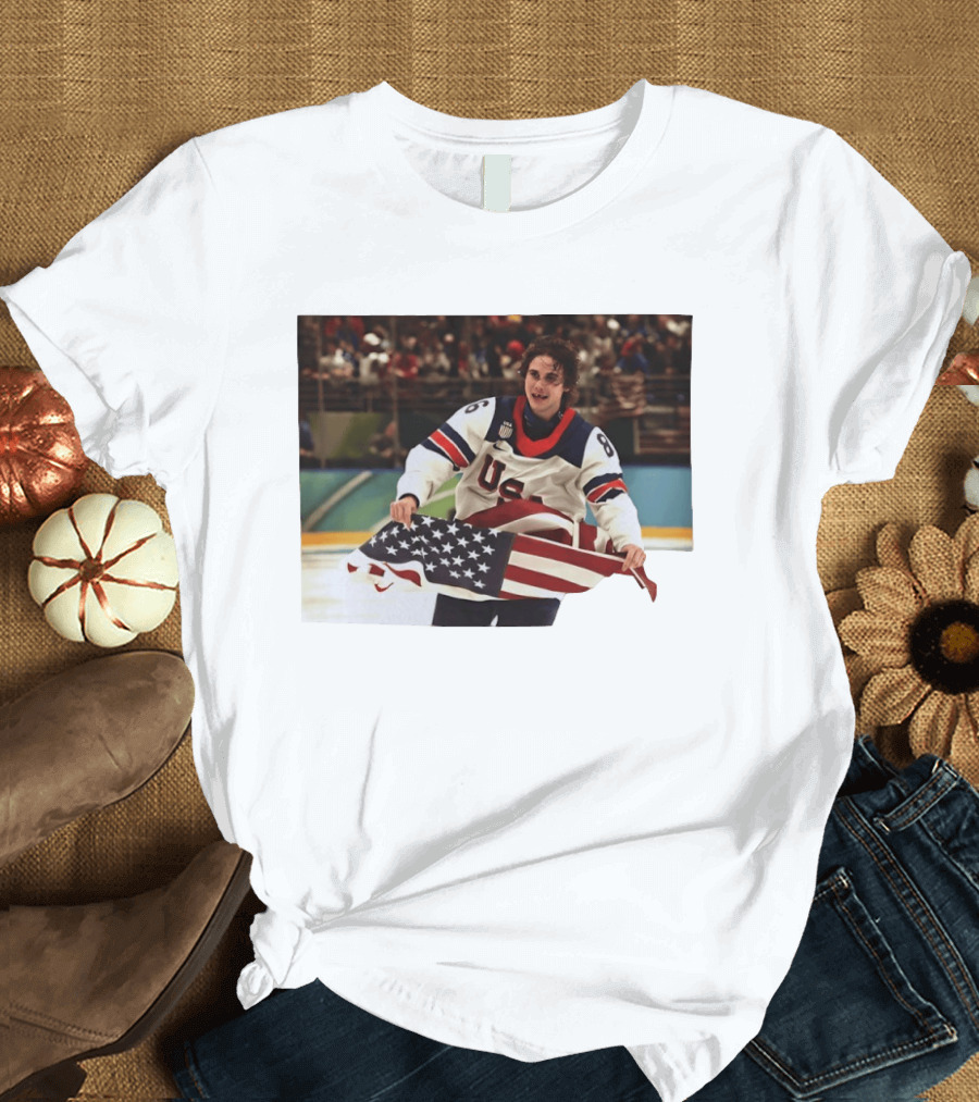 USA Hockey Jack Hughes American Flag Celebration T-Shirt