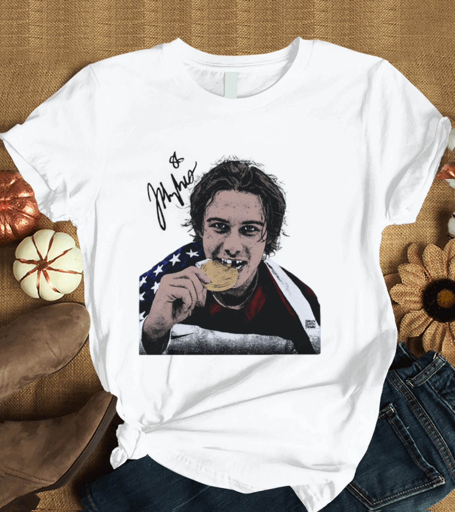 USA Hockey Jack Hughes Gold Medal Bite American Flag T-Shirt