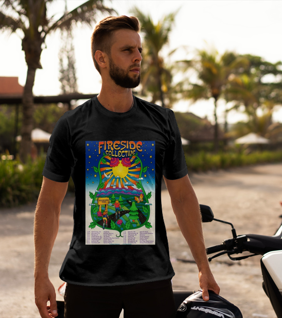 Fireside Collective Spring Tour 2026 Vibrant Cycling Adventure In Scenic Nature Landscape With Sunburst And Stars T-Shirt