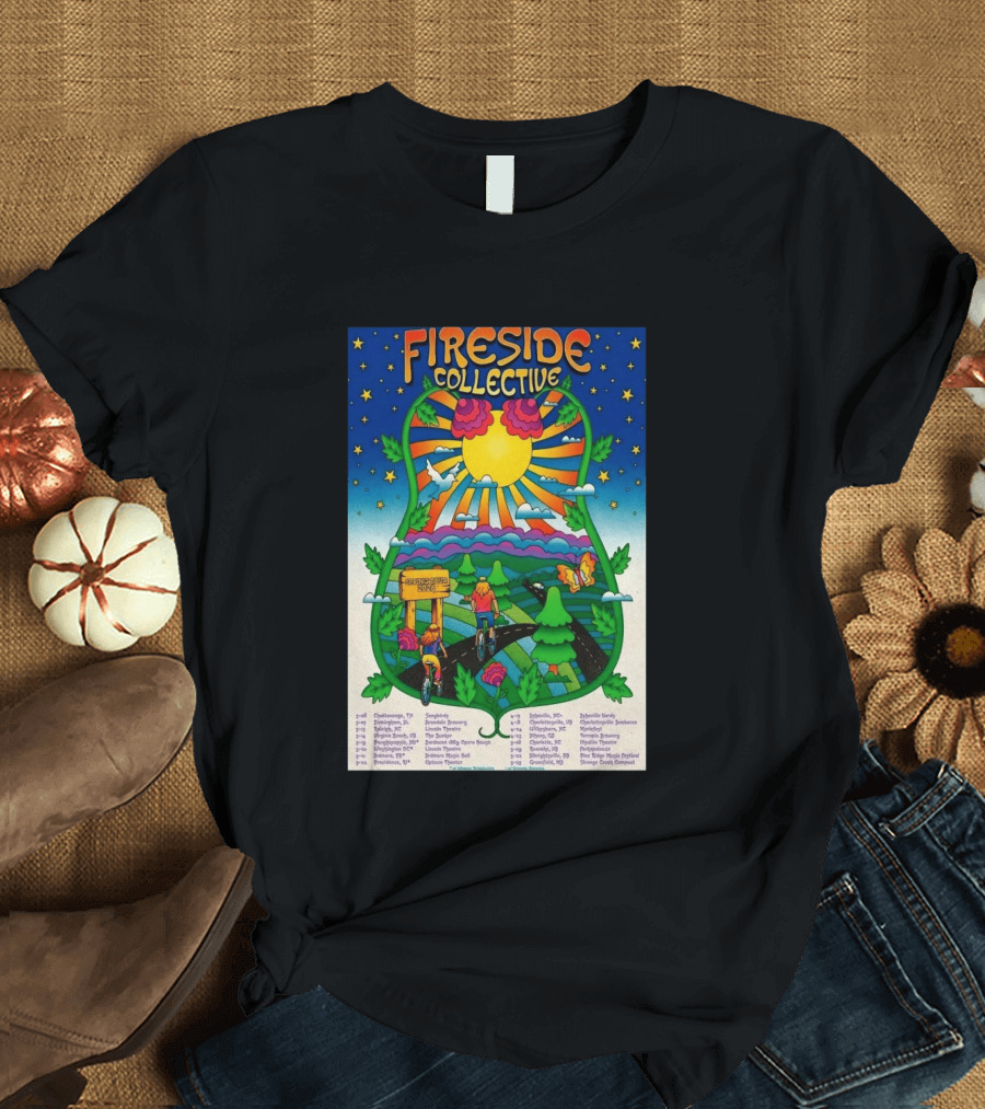 Fireside Collective Spring Tour 2026 Vibrant Cycling Adventure In Scenic Nature Landscape With Sunburst And Stars T-Shirt