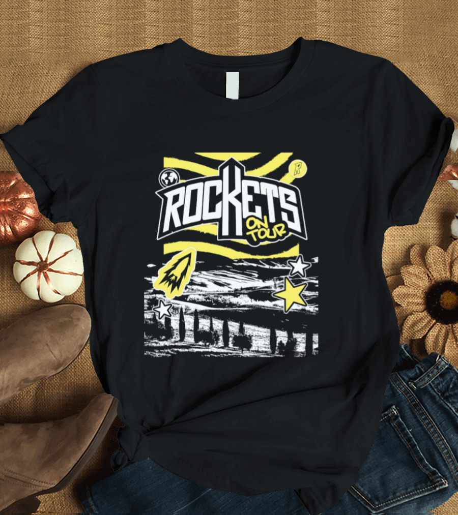 Rockets On Tour Yellow Stars Rocketship Waves Planet T-Shirt