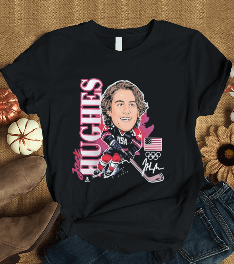 USA Hockey Jack Hughes Olympic Gold Medal Caricature With American Flag And Signature T-Shirt