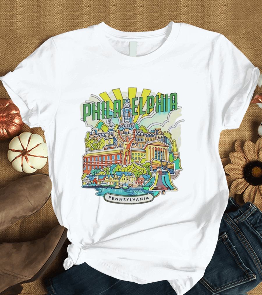 Philadelphia Pennsylvania Skyline Landmark Icons Liberty Bell Art Deco T-Shirt