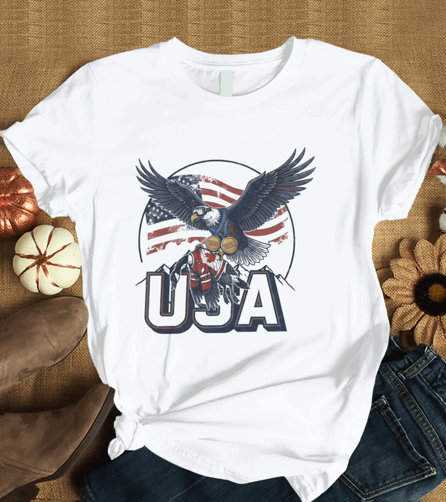 USA Eagle Ice Hockey Olympic Medals 1980 2026 American Flag T-Shirt