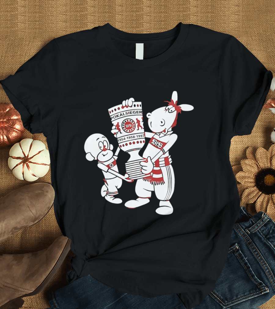VfB Pokal Affle Und Pferdle Cartoon Celebrating Trophy T-Shirt