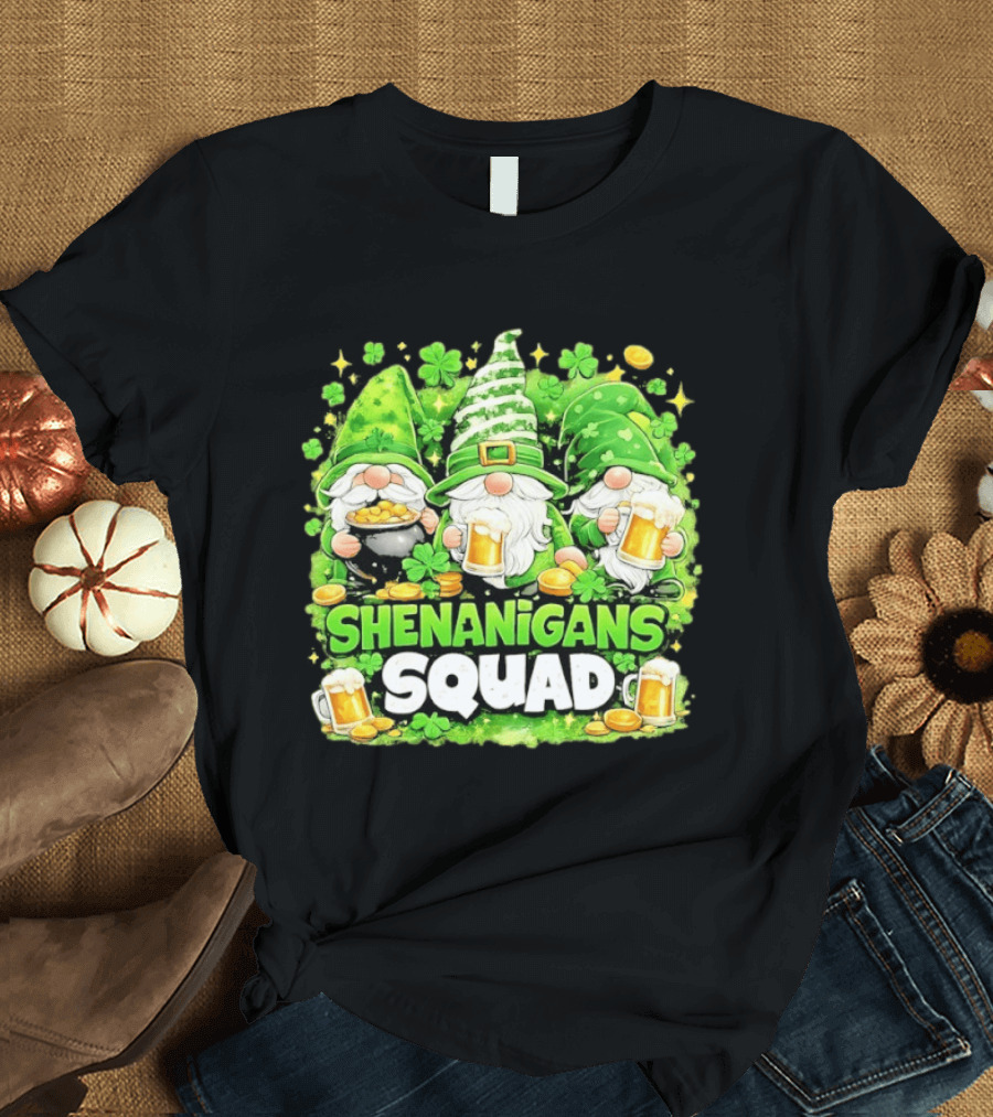 Shenanigans Squad St Patrick's Day Irish Gnomes Beer S And Clover Coins T-Shirt