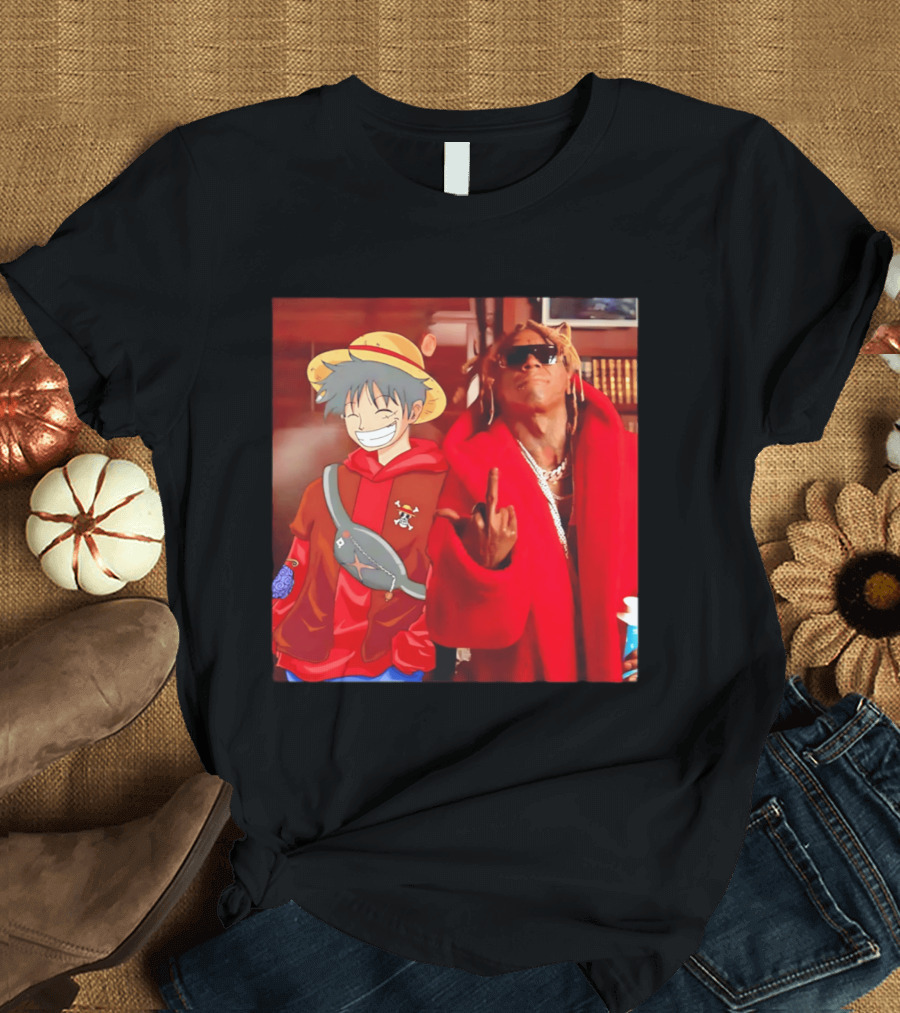Lil Gum Monkey D. Luffy And Rapper Red Coat Outfit Fusion T-Shirt