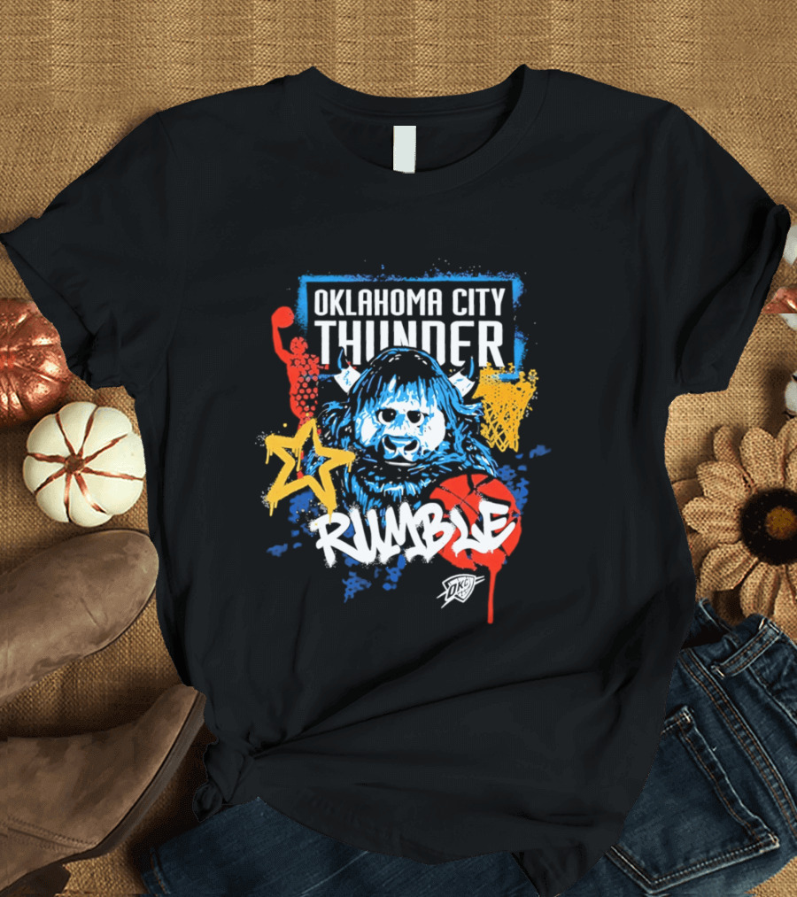 Oklahoma City Thunder Rumble Mascot Art With Stars And Paint Splatters T-Shirt